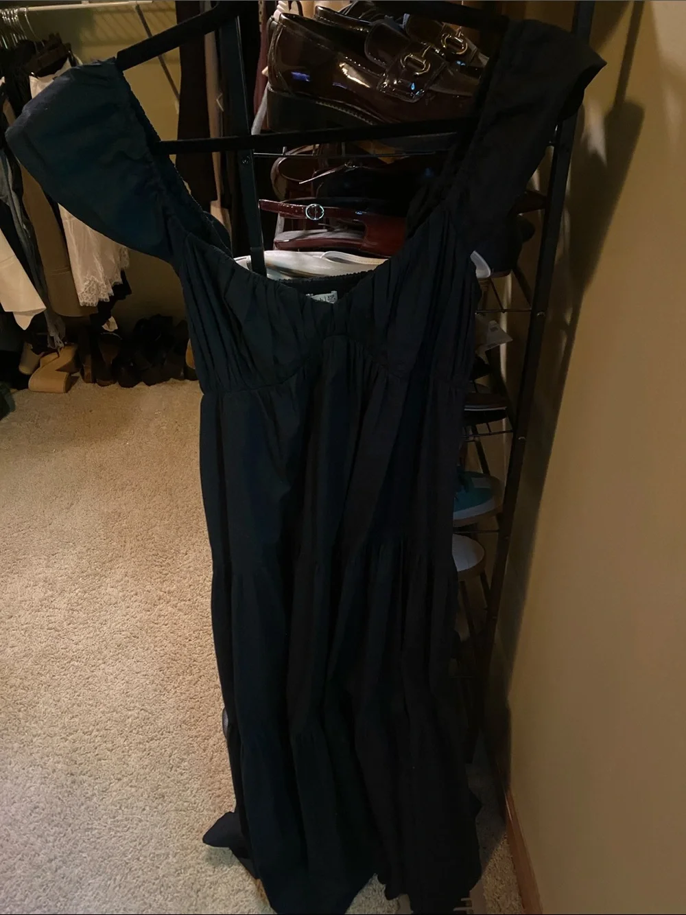 Abercrombie & Fitch Black Off-Shoulder Tiered Maxi Dress with Ruching